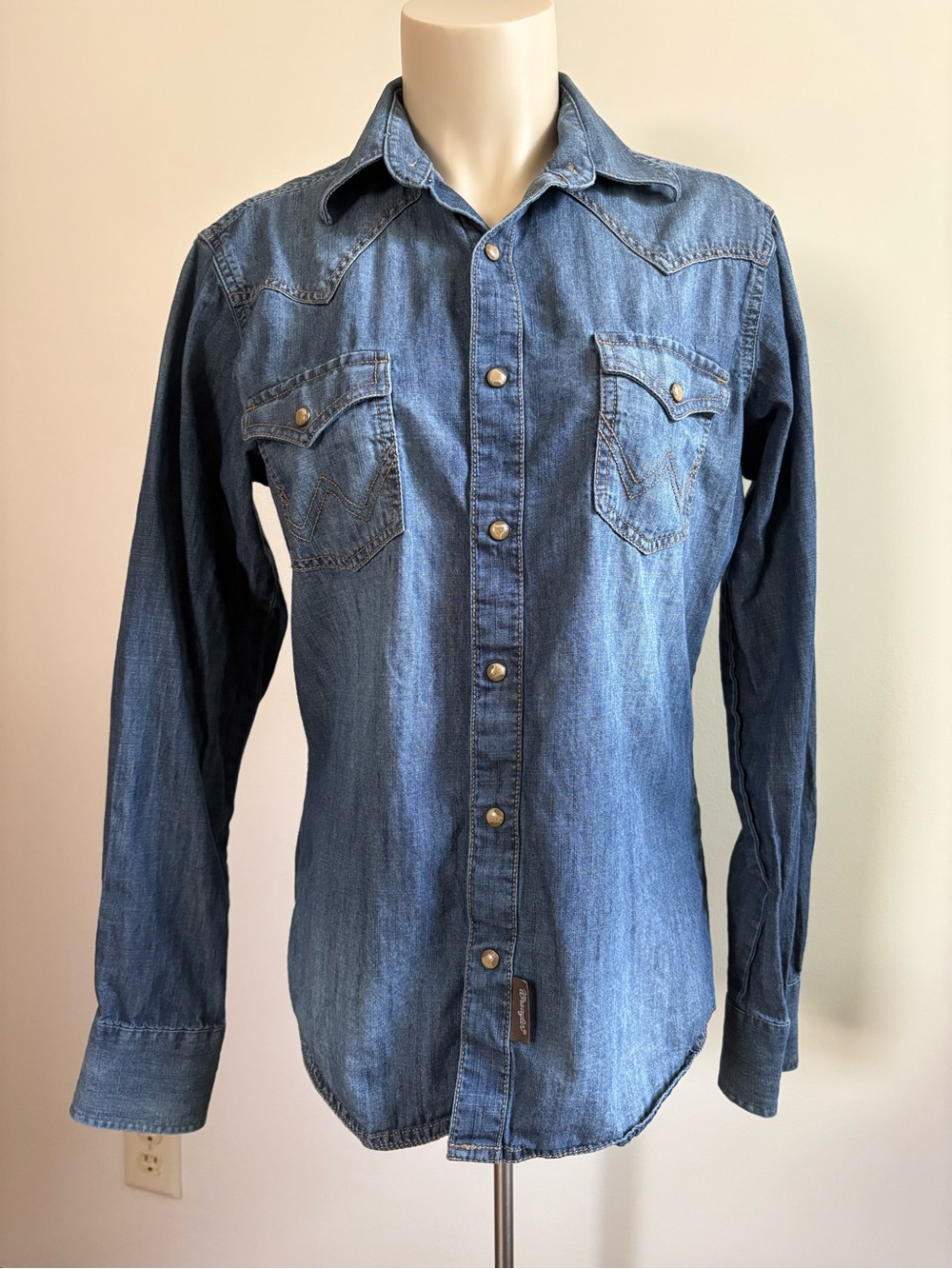 Wrangler Retro Premium Denim Western Pearl Snap Long Sleeve Shirt Size Small
